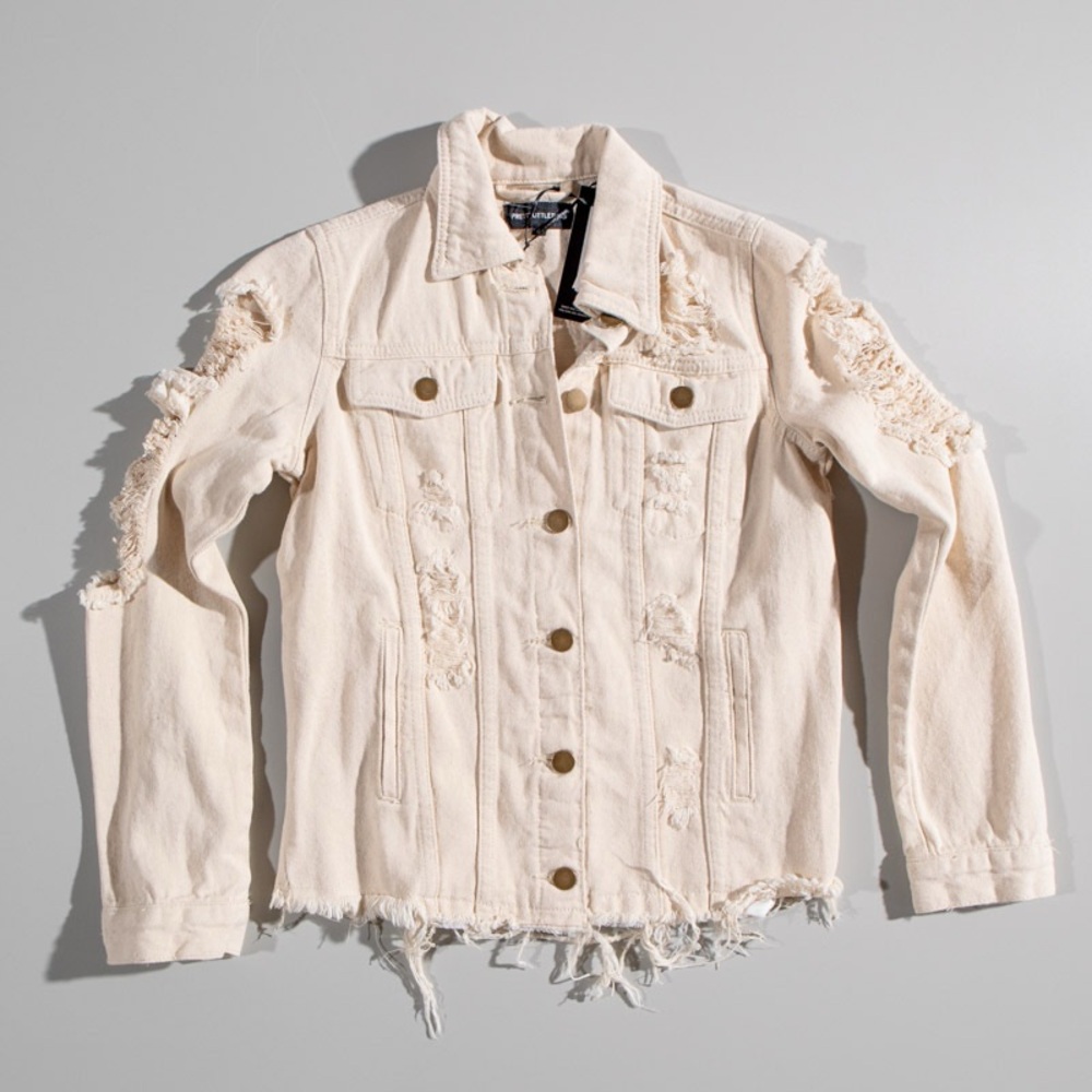 Prettylittlething Ecru Distressed Jean Jacket. Nwot